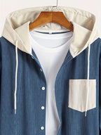 Color-Block Trendy Long Sleeve Hooded Jacket - Peacock Blue
