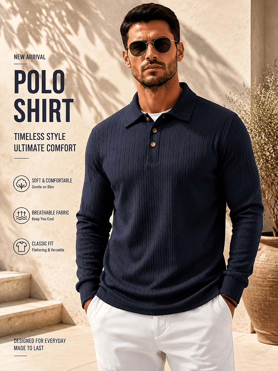 New Autumn Winter Men'S Fashion Casual Outdoor Jacquard Lapel Button-Up Long Sleeve Henley Shirt, Boyfriend Birthday Gift - Navy Color