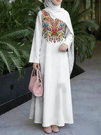 White Collar Multicolor Ethnic Floral Print Abaya for Women, Vibrant Ethnic Style Long Dress, Loose Fit, Suitable for Banquets, Home, Prayer, And Outings, Women'S Clothing, Headscarf Not Included - Mixed colors