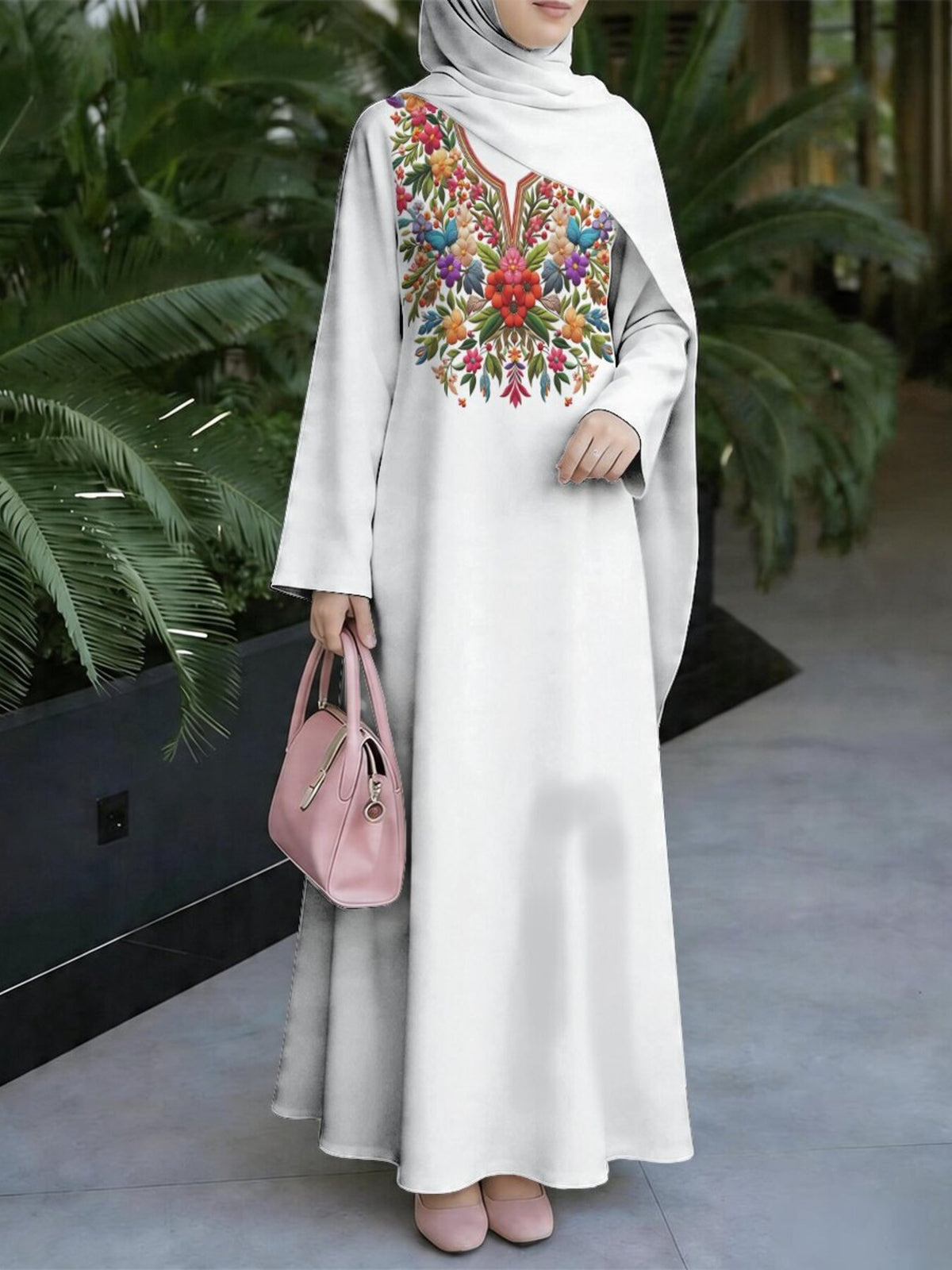 White Collar Multicolor Ethnic Floral Print Abaya for Women, Vibrant Ethnic Style Long Dress, Loose Fit, Suitable for Banquets, Home, Prayer, And Outings, Women'S Clothing, Headscarf Not Included - Mixed colors