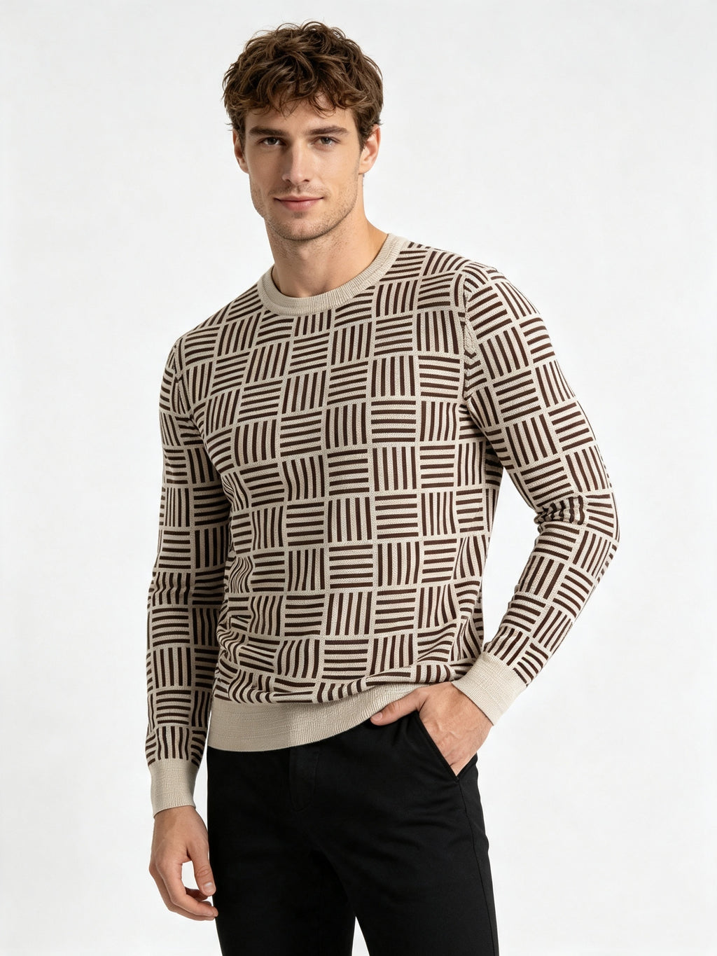 Men'S Fall Winter Crew Neck Geometric Checkerboard Knit Sweater, Apricot And Brown Color-Block Striped Pullover, Trendy Versatile Casual Top - Apricot