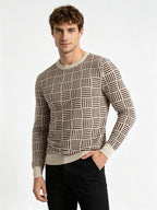 Men'S Fall Winter Crew Neck Geometric Checkerboard Knit Sweater, Apricot And Brown Color-Block Striped Pullover, Trendy Versatile Casual Top - Apricot