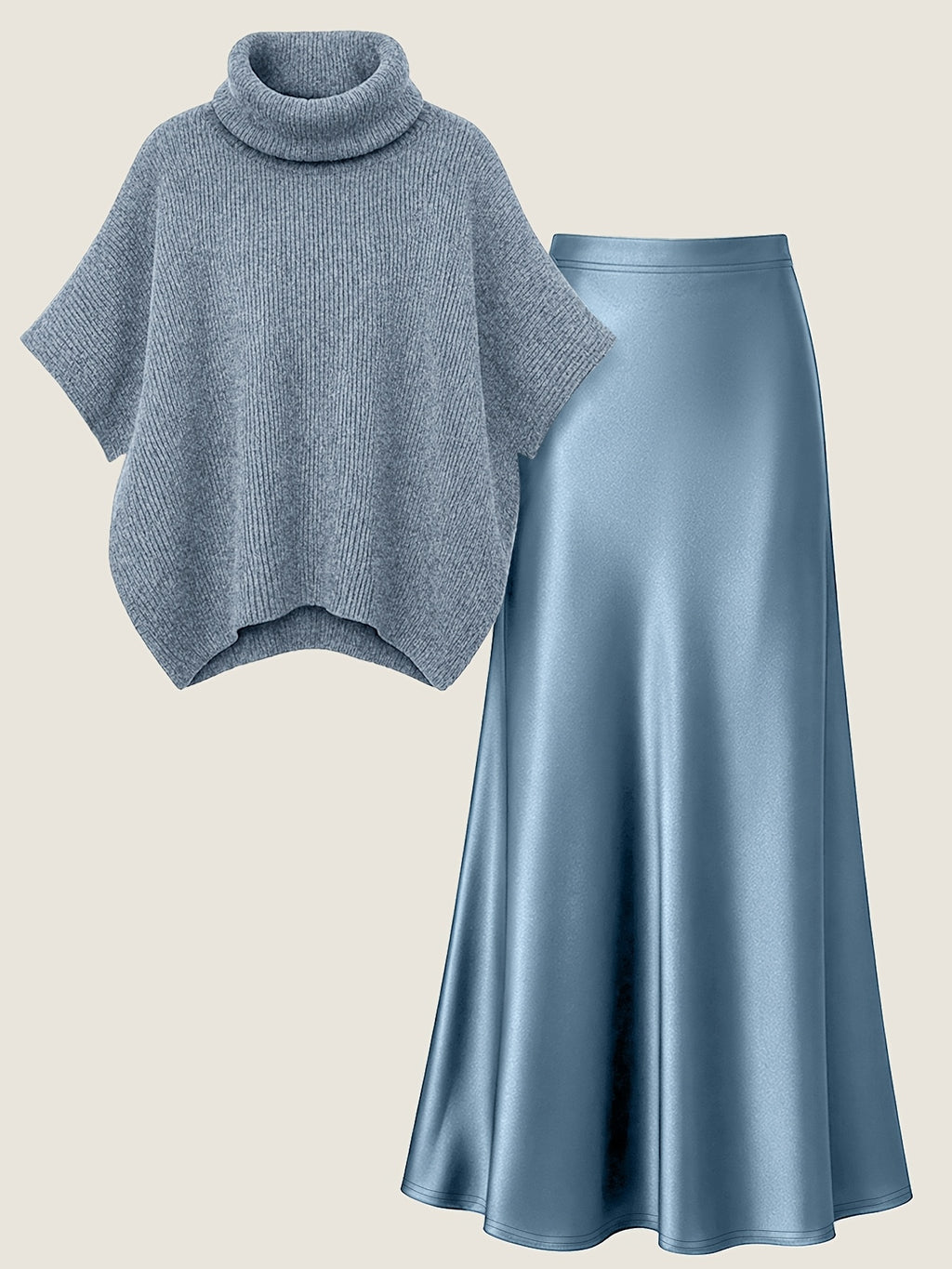 Autumn Winter Fashion Lazy Style Turtleneck Cloak Sweater And Premium Satin Fishtail Half Skirt, Temperament Elegant Commute Two-Piece Set - Light Blue