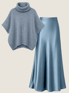Autumn Winter Fashion Lazy Style Turtleneck Cloak Sweater And Premium Satin Fishtail Half Skirt, Temperament Elegant Commute Two-Piece Set - Light Blue