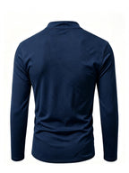 2026 New Men'S Stand Collar Cross-Strap Long Sleeve Shirt, Unique Cross-Strap Neckline Design Eye-Catching, Chest Repeating Letter Cartoon Print Trendy Individual, All-Season Wearable Inner Layer, Commute And Casual Versatile Top - Navy Color