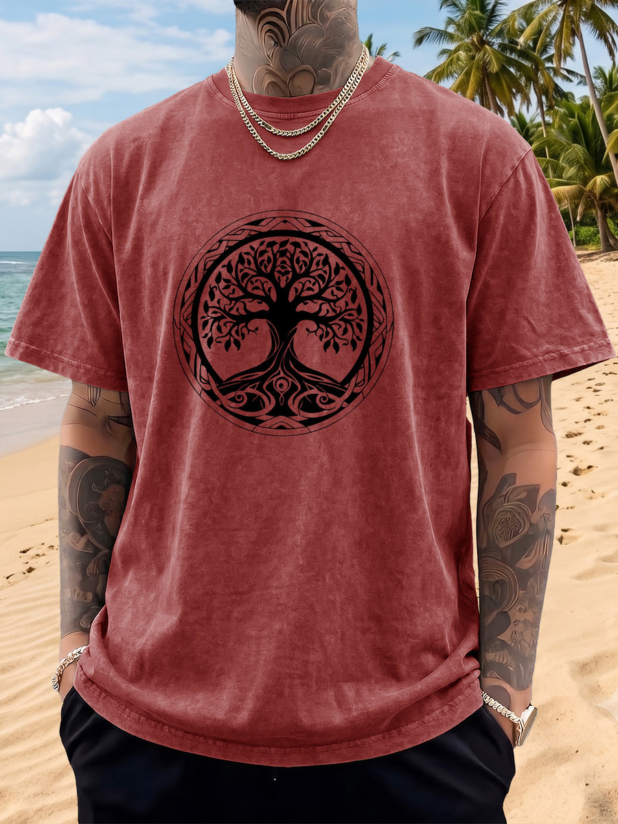 Short Sleeve T-Shirt Men'S Loose Washed Distressed Tree of Life Round Totem Trendy Double-Sided Print 12 Colors Random Match American Street High Street Hip-Hop Top Casual Outing Commuting Sports Fitness Couple Style Statement Y2K National Trend Sho - Burgundy