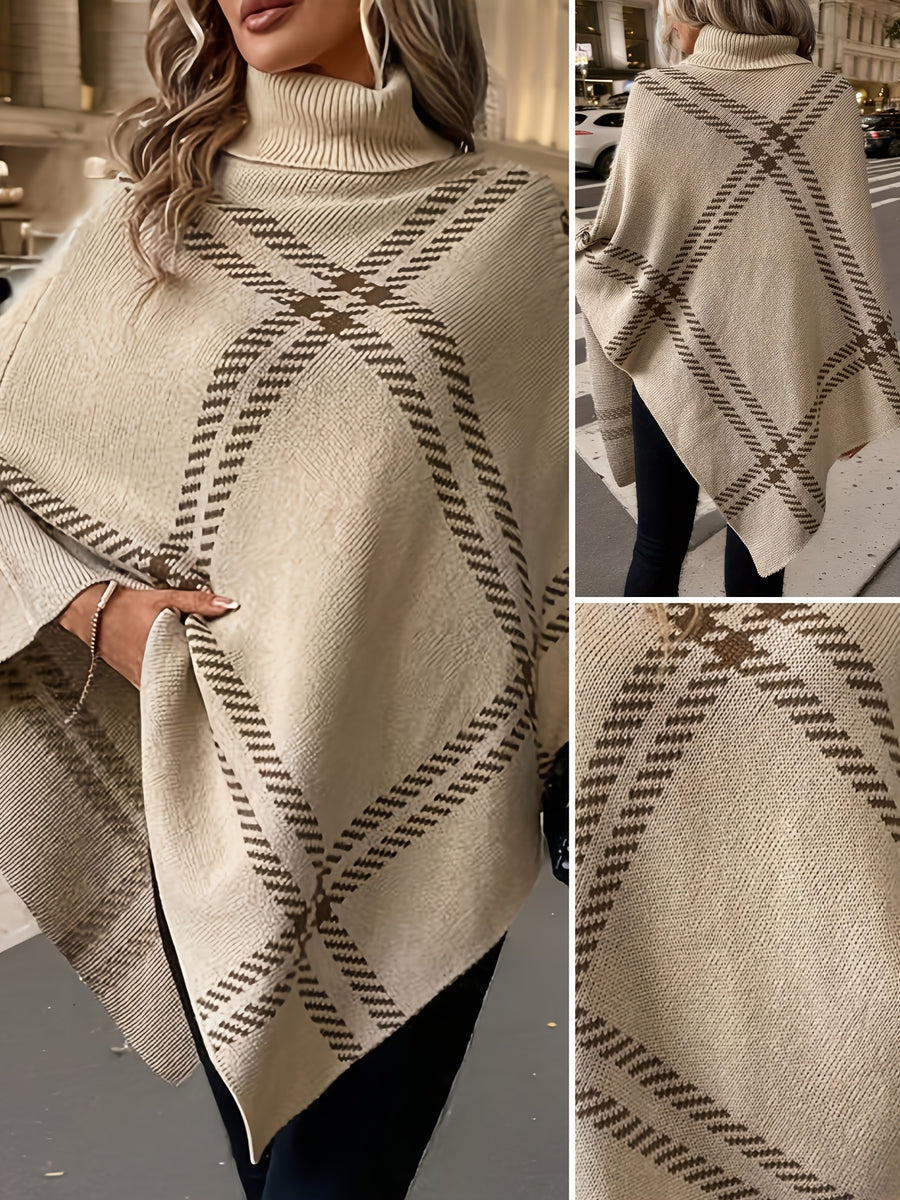 Elegant Special "Pure Body Bust" 1pc Elegant Women's Plaid High-Neck Pullover Shawl, Side Faux Button Decoration, Asymmetrical Hem Design, 100% Polyester, Fashionable Vintage Pullover, Elegant Outerwear for Autumn and Winter. Suitable for Spring - Apricot