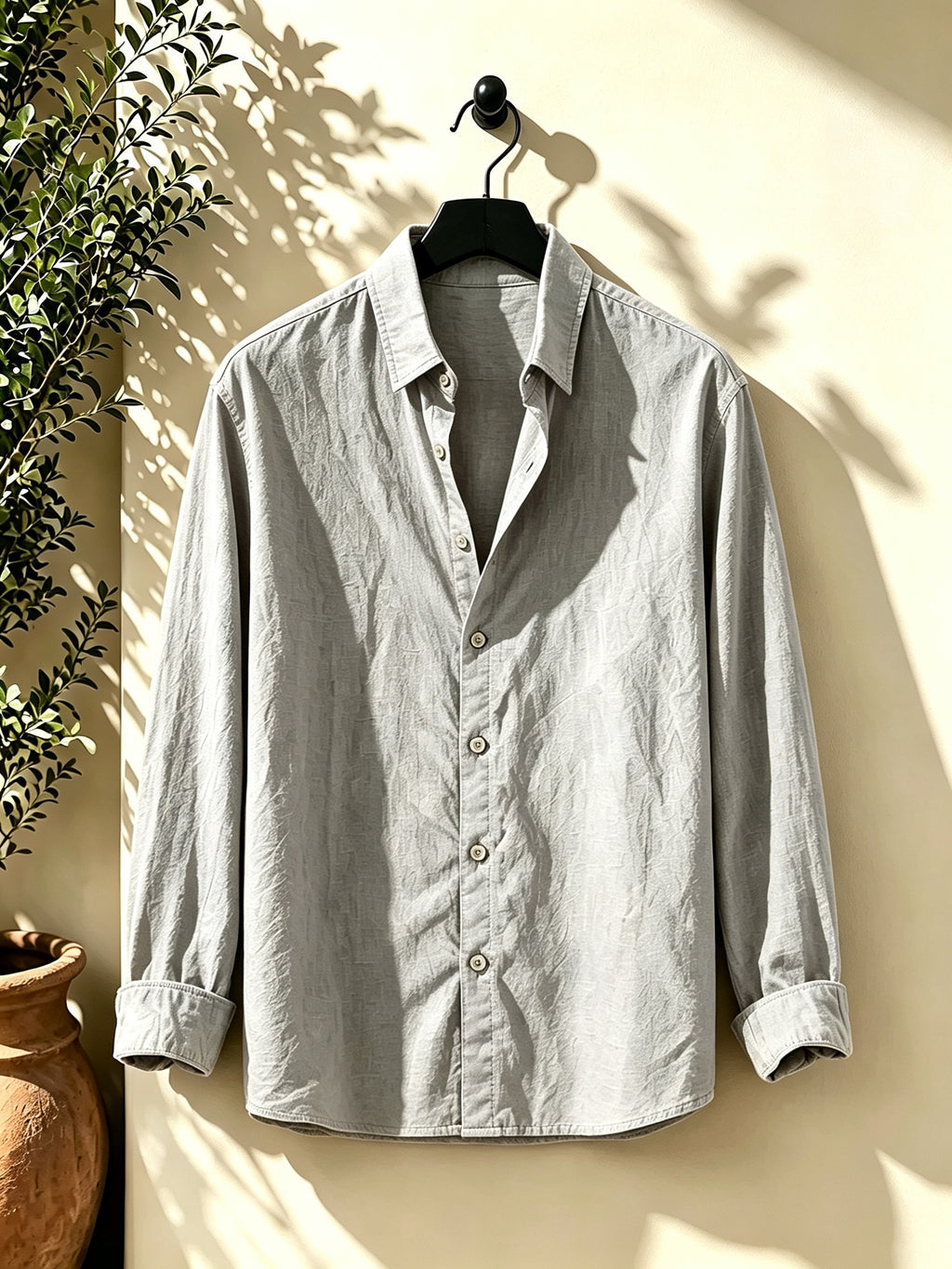 Men's Outdoor Button-Up Long Sleeve Solid Shirt for Back-to-School Season, Regular Fit Suitable for Daily Wear in Spring and Autumn - Light Grey