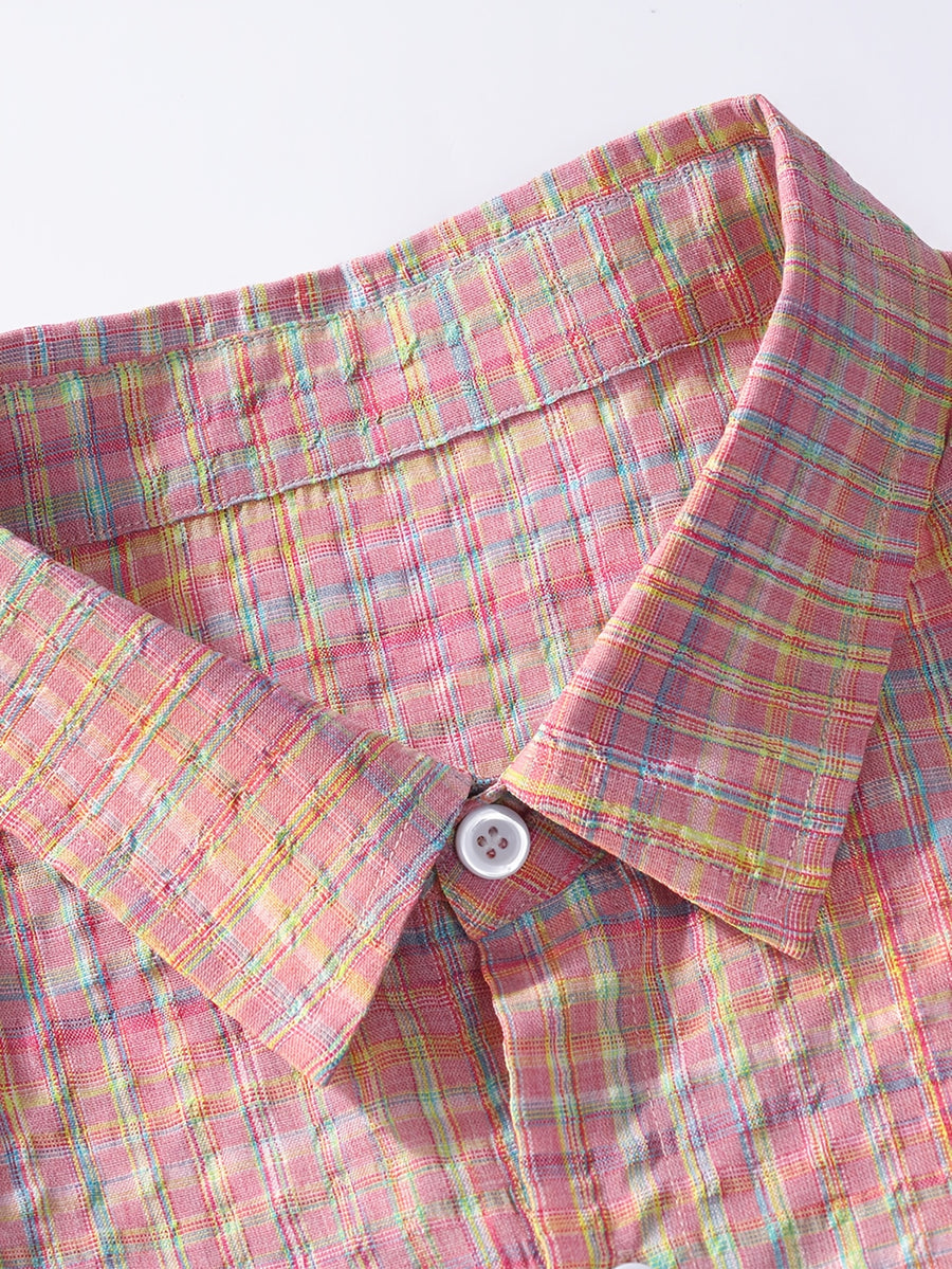 Men's Casual Short-Sleeve Shirt, Bubble Plaid Texture, Loose Fit, Summer Limited Edition! Macaron Plaid Bubble Gauze Shirt, Unisex Loose Short-Sleeve Casual Top, Wrinkle-Resistant and Breathable Loose Fit Casual Wear, Men's Colorful Plaid Shirt - Color-woven check blue-pink