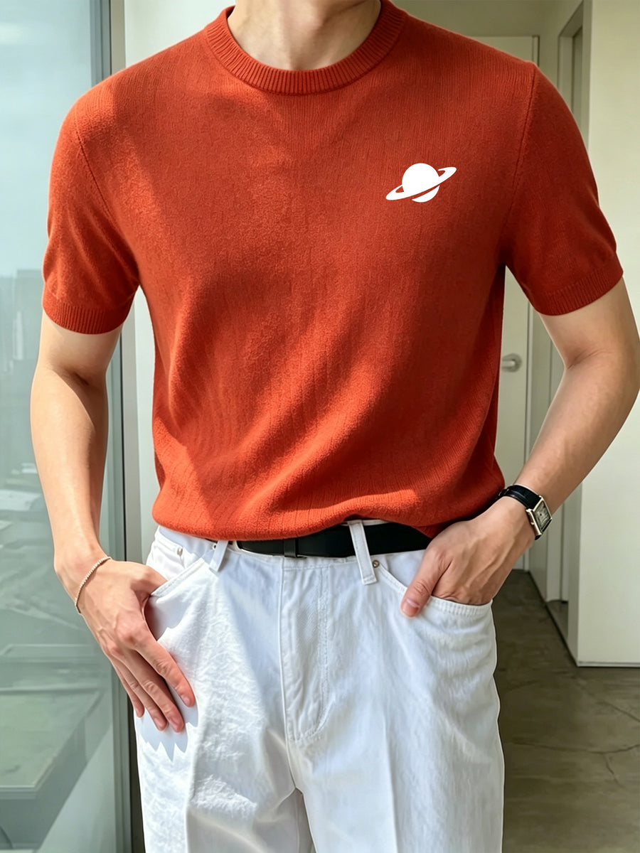 Men'S Round Neck Short Sleeve Knit Sweater Planet Easy Casual Base Layer Top - Brick Red