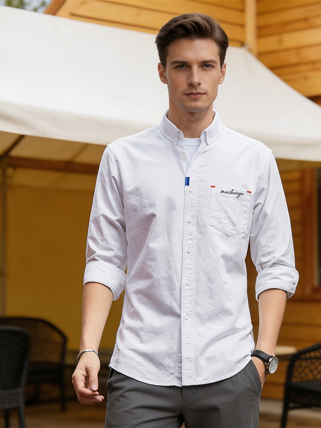 Spring/Autumn Men'S Oxford Cloth Collared Shirt, Individual Chest Print Long Sleeve Blouse, Slimming Outdoor Casual Top, Youth Versatile Commute Light Business Men'S Basic Shirt - White