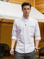 Spring/Autumn Men'S Oxford Cloth Collared Shirt, Individual Chest Print Long Sleeve Blouse, Slimming Outdoor Casual Top, Youth Versatile Commute Light Business Men'S Basic Shirt - White