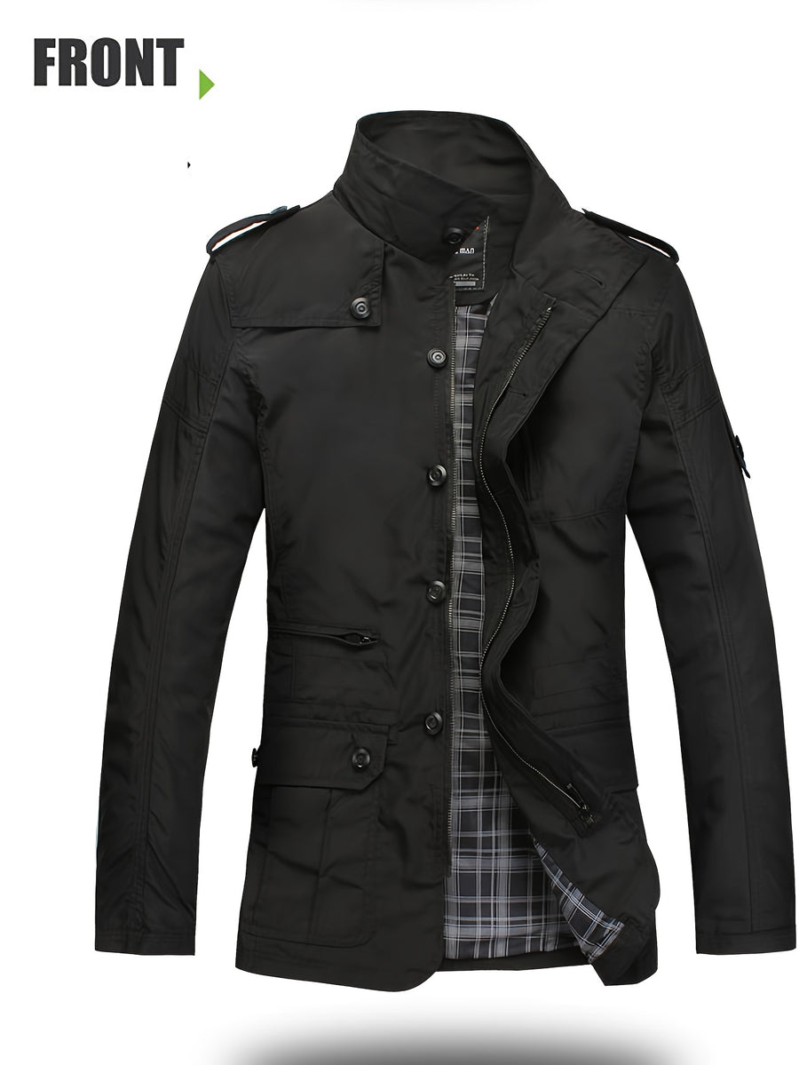 Men'S Versatile Cargo Jacket, Spring Autumn Thin Stand-Up Collar Shoulder Epaulette Multi-Pocket Coat, Casual Commute Men'S Wear, Casual Athletic Versatile Jacket, Perfect Gift for Daily Outing, Halloween Christmas Valentine'S Day Ideal Gift - Black