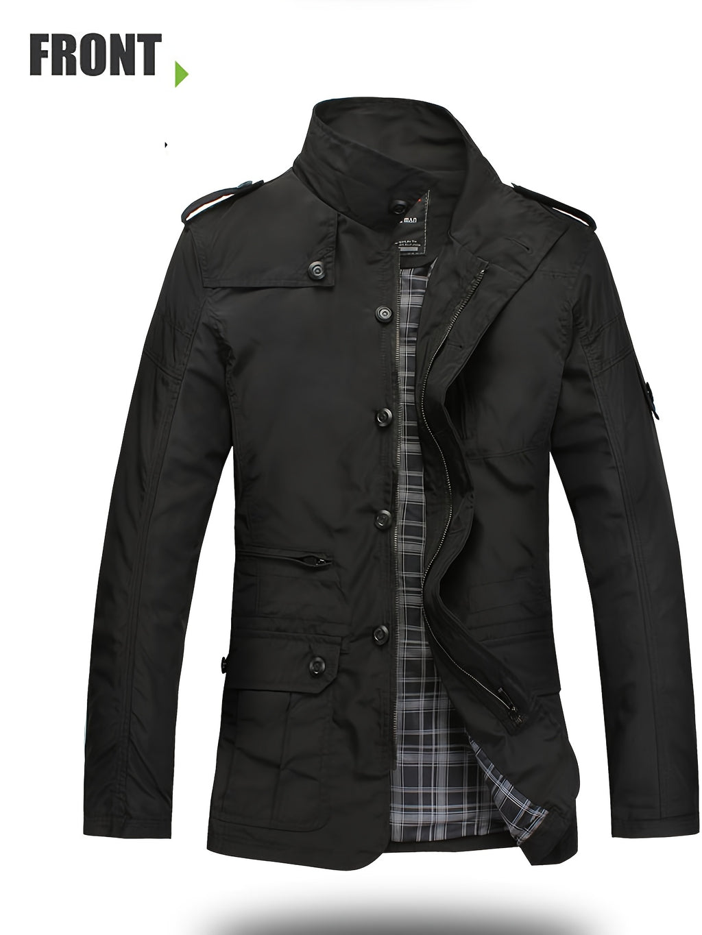 Men'S Versatile Cargo Jacket, Spring Autumn Thin Stand-Up Collar Shoulder Epaulette Multi-Pocket Coat, Casual Commute Men'S Wear, Casual Athletic Versatile Jacket, Perfect Gift for Daily Outing, Halloween Christmas Valentine'S Day Ideal Gift - Black