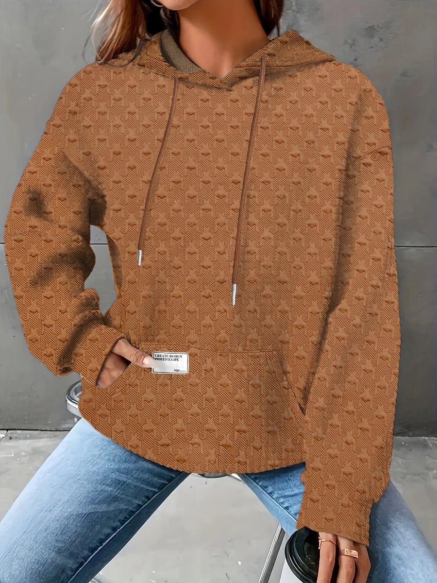 Women's Autumn/Winter Waffle Hooded Long-Sleeve Solid Color Sweatshirt - Camel