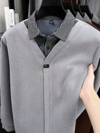 Men's Thick Warm Sweater Suitable for Winter - V-Neck Square Collar Knit Pullover with Color-Blocking Collar, Base Layer Sweater for Layering, Machine Washable Casual Warm Sweaters for Office & Casual Attire (Regular Fit) - Grey