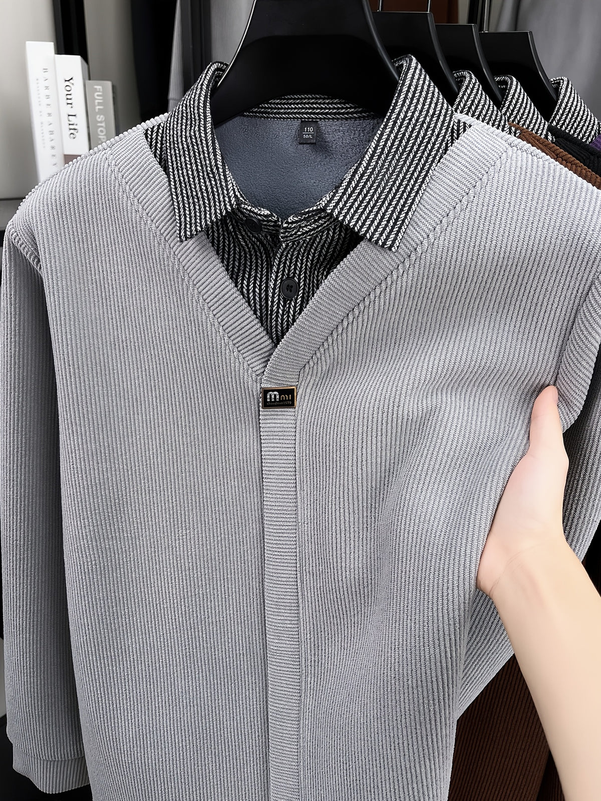 Men's Thick Warm Sweater Suitable for Winter - V-Neck Square Collar Knit Pullover with Color-Blocking Collar, Base Layer Sweater for Layering, Machine Washable Casual Warm Sweaters for Office & Casual Attire (Regular Fit) - Grey