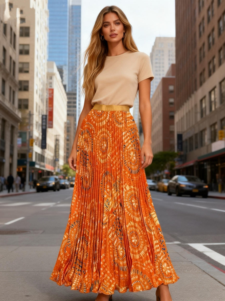 Summer High-End Print Long Dress Pleated Large Swing Skirt - Yellow