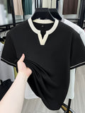 Middle-Aged Men'S Classic Henley Shirt with Contrast Cuffs, Summer Breathable Casual Top, Wrinkle-Resistant And Easy Care, Father'S Day Birthday Gift for Elders, All-Weather Wear for Walking, Grocery Shopping, And Family Gatherings - Black
