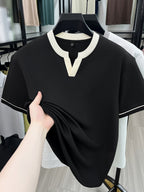 Middle-Aged Men'S Classic Henley Shirt with Contrast Cuffs, Summer Breathable Casual Top, Wrinkle-Resistant And Easy Care, Father'S Day Birthday Gift for Elders, All-Weather Wear for Walking, Grocery Shopping, And Family Gatherings - Black