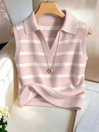 Women'S Casual Striped V-Neck Vest - Pink White