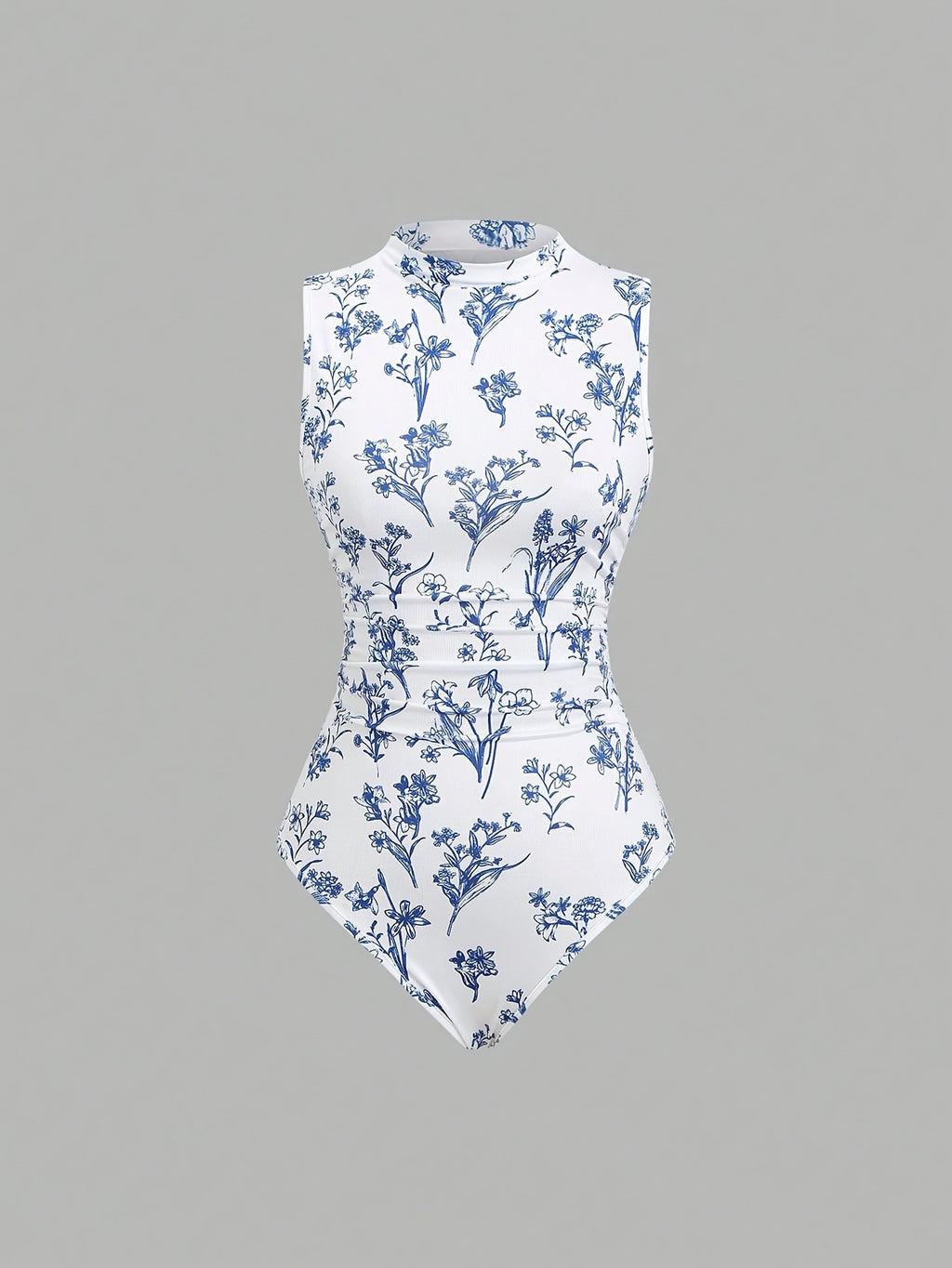 Women'S Spring/Summer Retro Floral Print Sleeveless Stand Collar Slim Jumpsuit - Blue And White