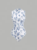 Women'S Spring/Summer Retro Floral Print Sleeveless Stand Collar Slim Jumpsuit - Blue And White