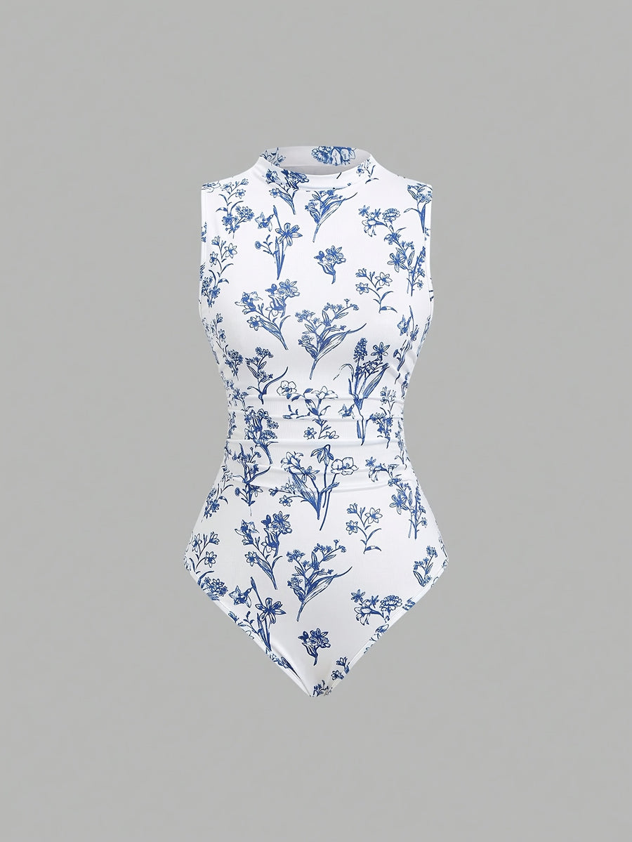 Women'S Spring/Summer Retro Floral Print Sleeveless Stand Collar Slim Jumpsuit - Blue And White