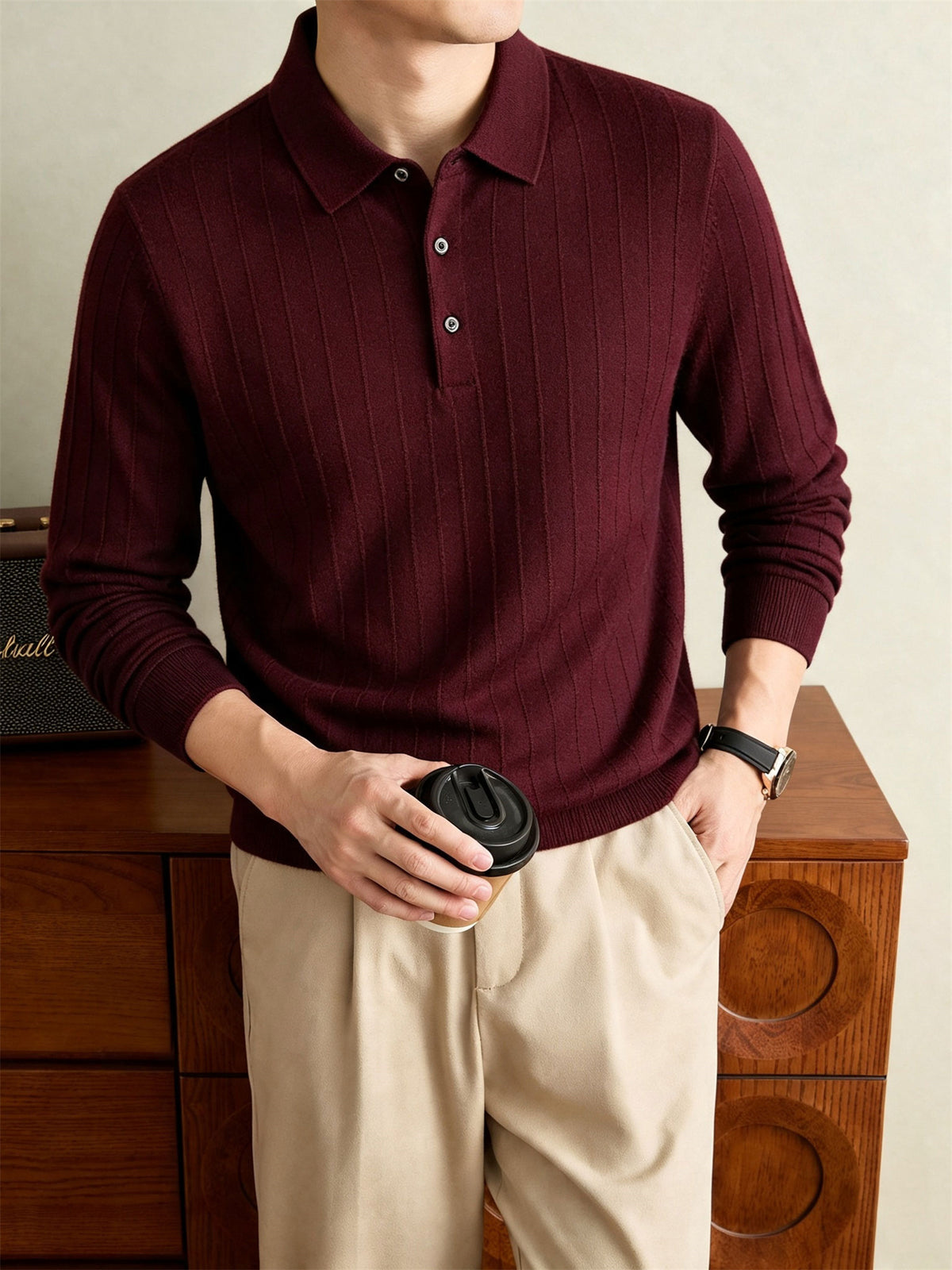 Autumn Winter Knit 3D Solid Color Lapel Sweater, Basic Knit Pullover Top for Men, Fashionable Long Sleeve Sweater HJ - Burgundy color