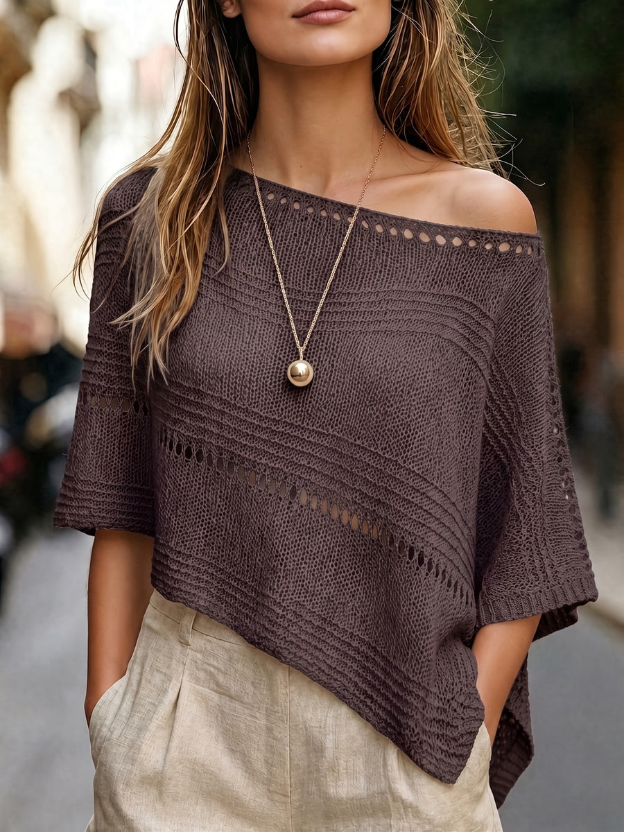 Women's Hollow-Out Cape Top, Boat Neck Irregular Hem Summer Beach Cover-Up, Seaside Bohemian Vacation Style Casual Top, Lightweight Breathable Loose Knitwear, Mesh Detail Horizontal Stripes, Relaxed Layering Style, Suitable for Holidays, Daily Wear - Coffee Brown