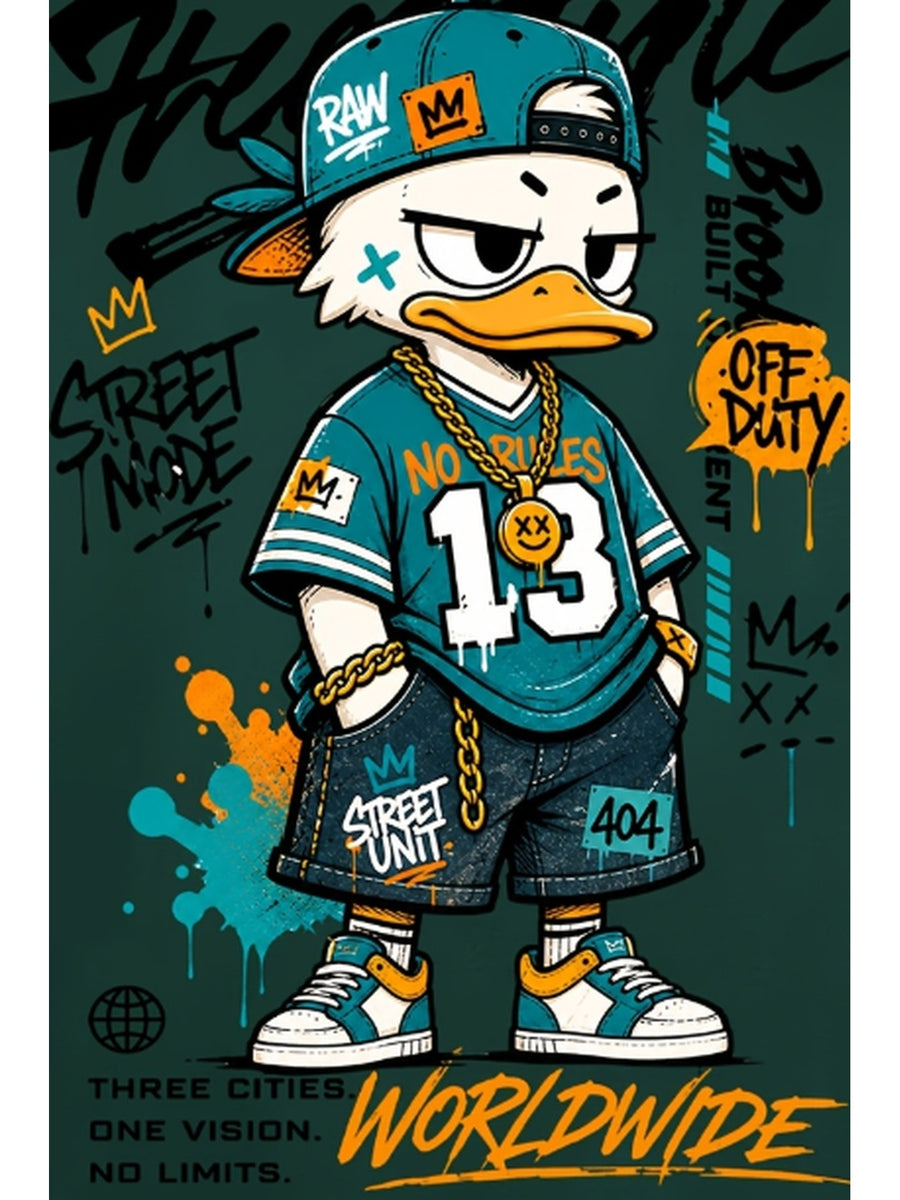 Printed Design, Non-textured, European and American Casual Style Men's Leisure T-shirt with Duck Image, Layered with Street Font Graphics, for Daily Commuting and Casual Wear - Mixed Color 1
