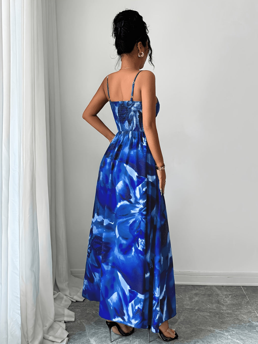 Women's Twisted Twill Front Panel, Waist-Cinching Slit Camisole Dress - Blue