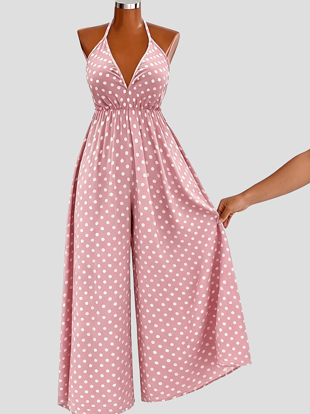 Polka Dot Halter Neck Jumpsuit for Women, Summer/Autumn Outing, Vacation, Fashion, Commute, Party, Deep V-Neck, Tie-Back, Backless, Wide-Leg Pants, Loose Fit, High-Waisted, Holiday Style, Camisole Long Pants - Pink Color