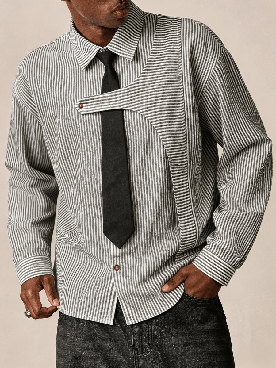 Men's Casual Striped Shirt with Detachable Tie, New Spring/Autumn Niche Design Lapel Long-Sleeve Shirt, Suitable for Daily Outings and Outdoor Commuting, Stylish and Versatile Casual Long-Sleeve Shirt - Black And White Stripes