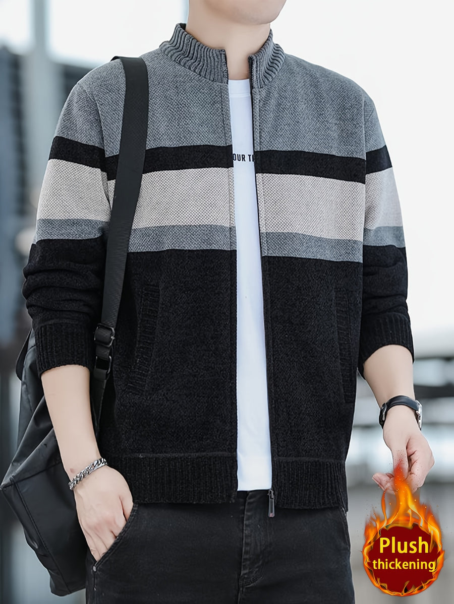Men'S Autumn Winter Striped Contrasting Stand Up Collar, Thick Knit with Velvet, Zipper Jacket, Suitable for Autumn Winter Outdoor (Selected from Temujin) - Light Grey