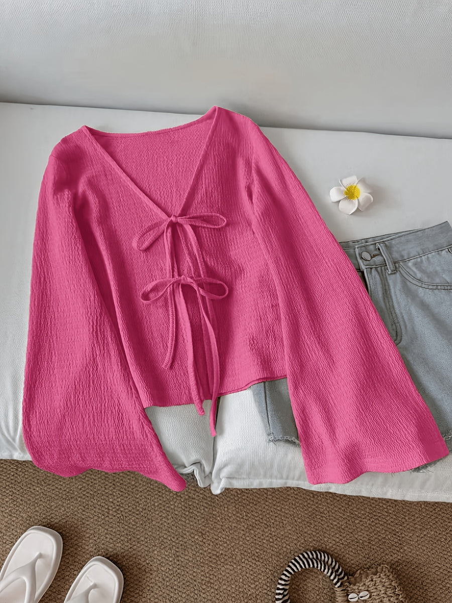 Solid Color Front-Tie Bow Open-Front Fashion Flared Sleeve Blouse New Women'S Short Top - Rose Red