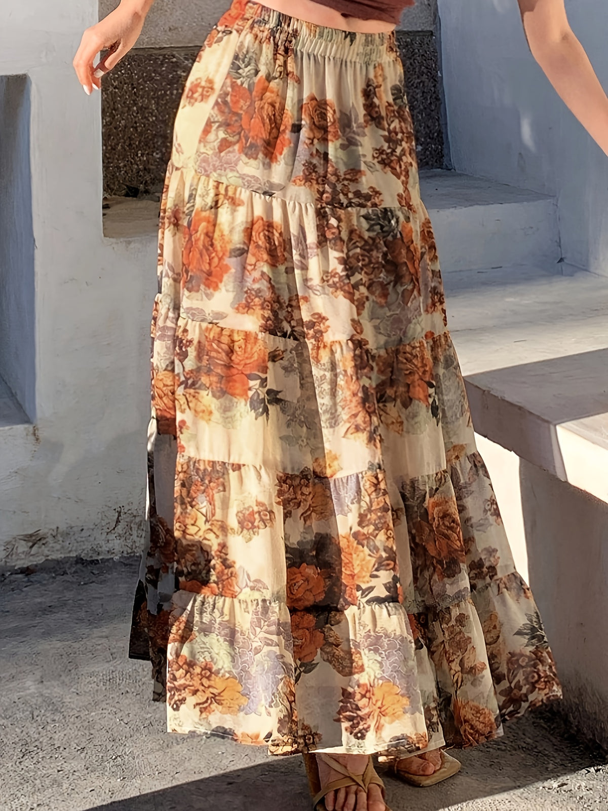 Women'S Casual A-Line Skirt, Cute Floral Print, Easy Design, Suitable for Daily Wear, Ruffled Trim - Khaki