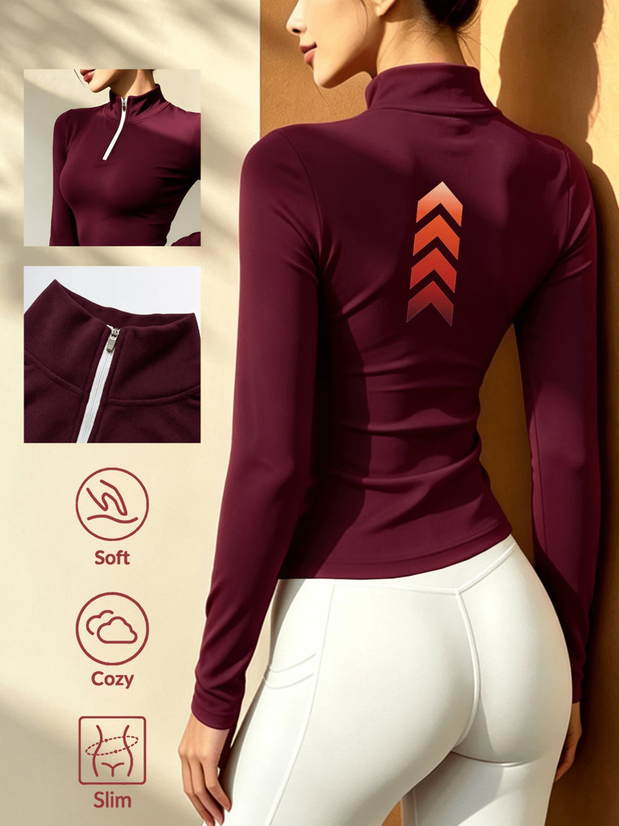 Women'S Solid Color Half-Zipper Long Sleeve Top, Waist-Cinching Warm T-Shirt - Burgundy