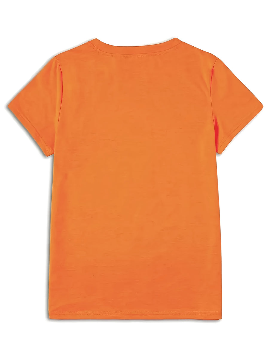Sunflower Pattern Print - with Bow Design - Casual Round Neck, Short Sleeve, Spring/summer Fashion T-shirt - Orange