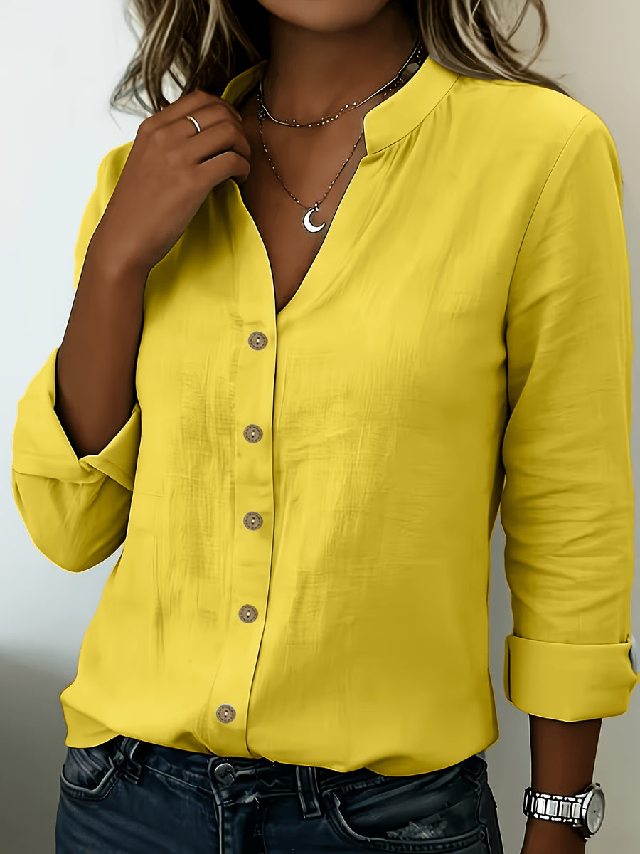 According ToFashionable V-neck Bamboo-joint Style Women's Long-sleeved Shirt - Yellow