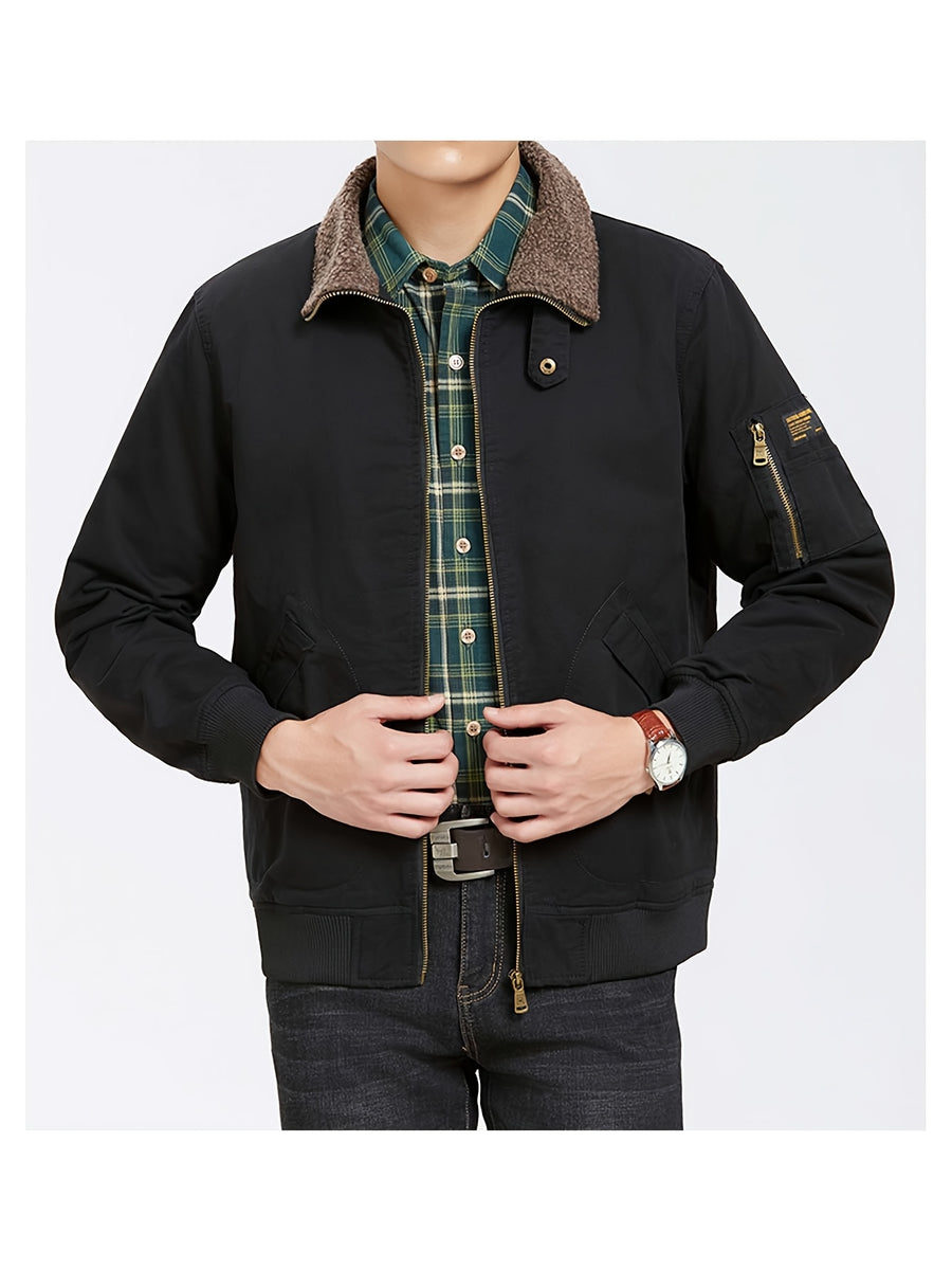 Men'S Lamb Workwear Jacket Spring Autumn Winter New Multi-Pocket Outdoor Casual Coat - Black