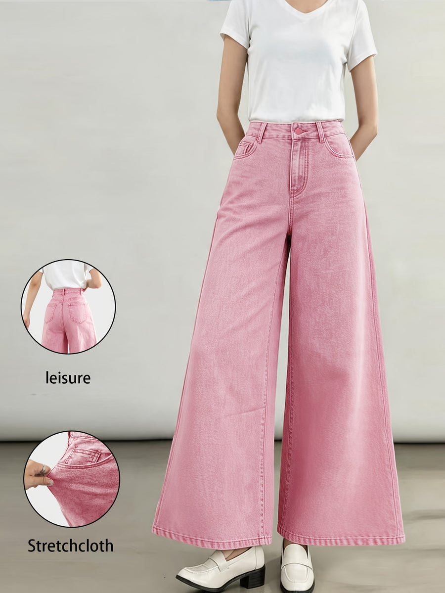 Stylish New Women's Fashion Elegant Straight-Leg Wide-Leg Pants Mid-High Stretch Colorful Cropped Jeans for Women 618609 - Pink Color