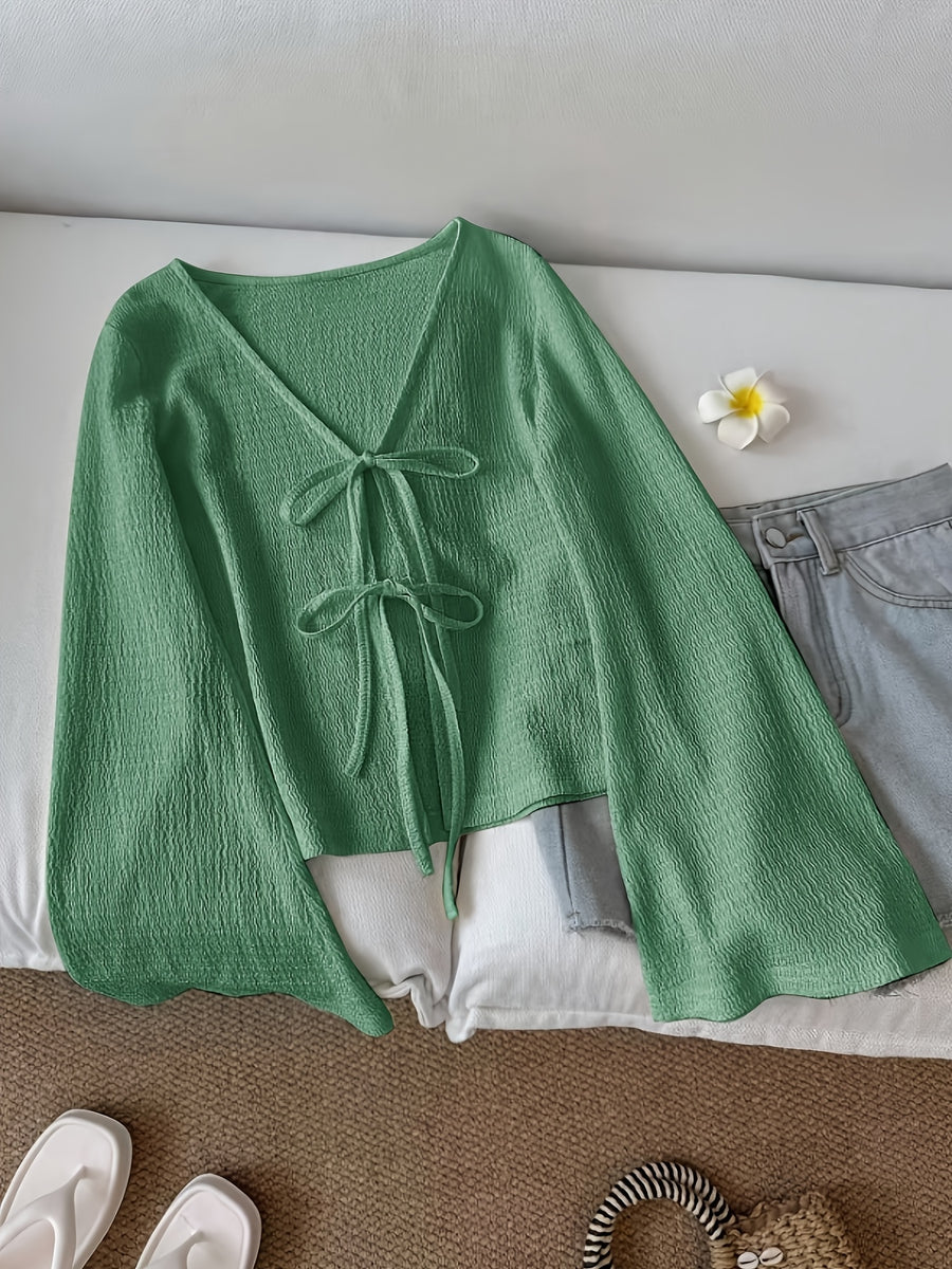 Solid Color Front-Tie Bow Open-Front Fashion Flared Sleeve Blouse New Women'S Short Top - Ocean Green