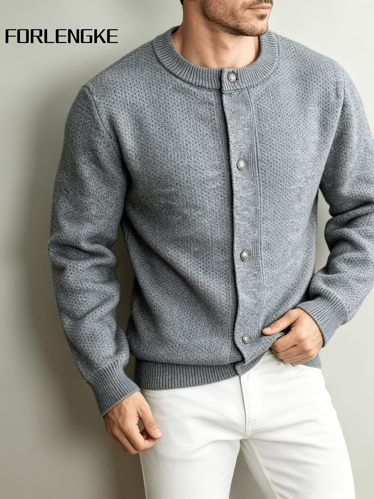 FORLENGKE Men's Crew Neck Knit Cardigan, New Spring/Autumn Solid Color Sweater Outerwear, Simple Single-Breasted Casual Long Sleeve Top, Light Luxury Versatile Loose-Fit Outer Knit Jacket for Men's Commuting Outfits - Light Grey