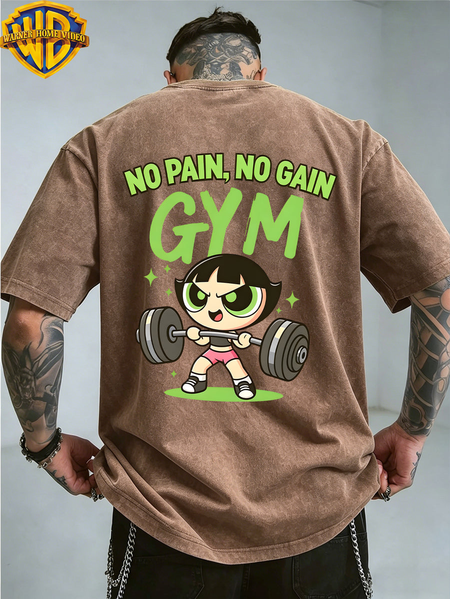 Warner Bros. Officially Authorizes Iron Fitness Slogan Printed Retro Washed Outdated Short Sleeve T-shirt for Men and Women, Machine Washable Daily Commuter Outdoor Sports and Leisure Top - Coffee Color