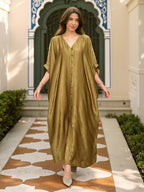 EDOLYNSA Elegant Golden Satin Kaftan Robe - V-Neck Button Front, Batwing Three-Quarter Sleeves & Beaded Detailing, Loose Fit Long Length Turkish Kaftan for Women, Spring Summer Fall Traditional Middle Eastern Attire, Seasonal Fashion Wear, Satin Fabric - Golden