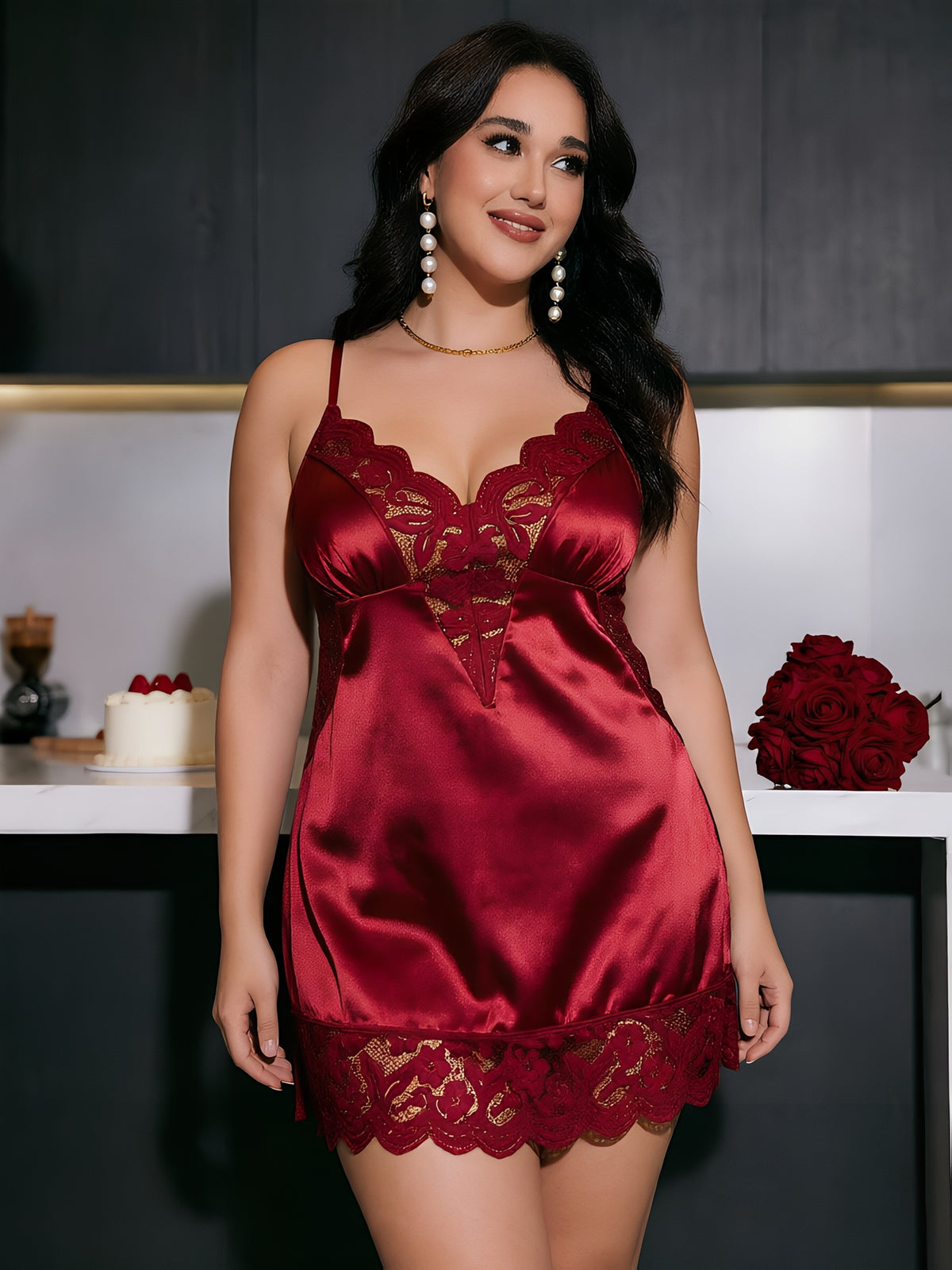 2pcs Set: Home Sexy Comfortable Plus Size Set, 1pc Thong And 1pc Women'S Nightgown - Burgundy