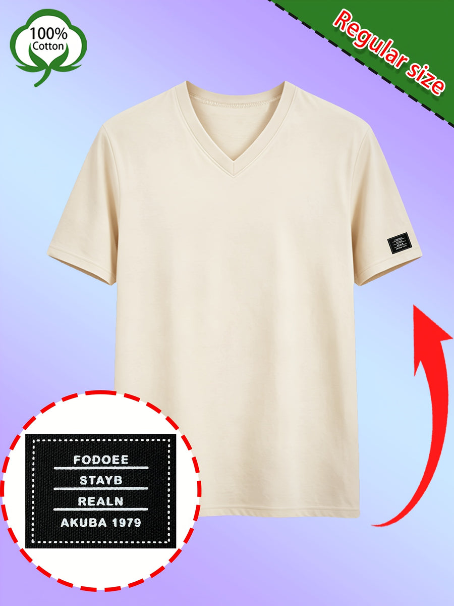 Men's High-Quality 100% Cotton V-Neck T-Shirt, Colorfast Washed, Resists Shrinkage and Fading, Solid Color Short-Sleeve Top for Middle-Aged Men, Suitable for Naps, Walks, Home, and Outdoor Wear - Apricot
