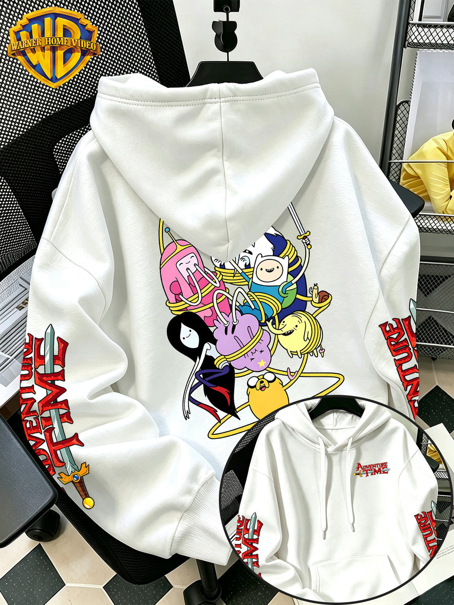 Adventure Time Full Character Wrap Group Cartoon Pattern Print Hooded Sweatshirt - Men'S Casual All-Match Pullover, Comfortable Autumn/Winter Wear, for Sports, Outdoors, Picnics, Travel, Daily/Commute/Home Choice - White