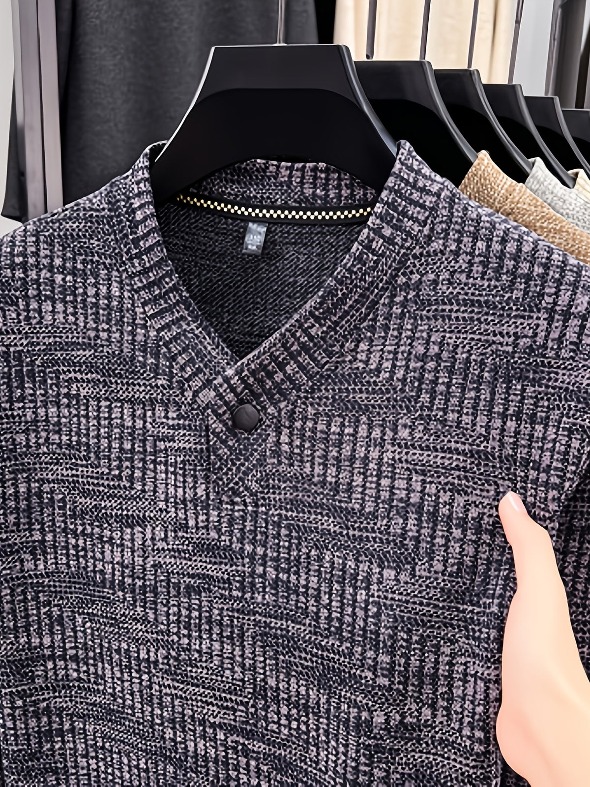 Men's Henley Collar Single-Button Long-Sleeve T-Shirt, Textured Jacquard Knit Top, Spring/Autumn Business Casual Daily Commute Base Layer Shirt - Purple